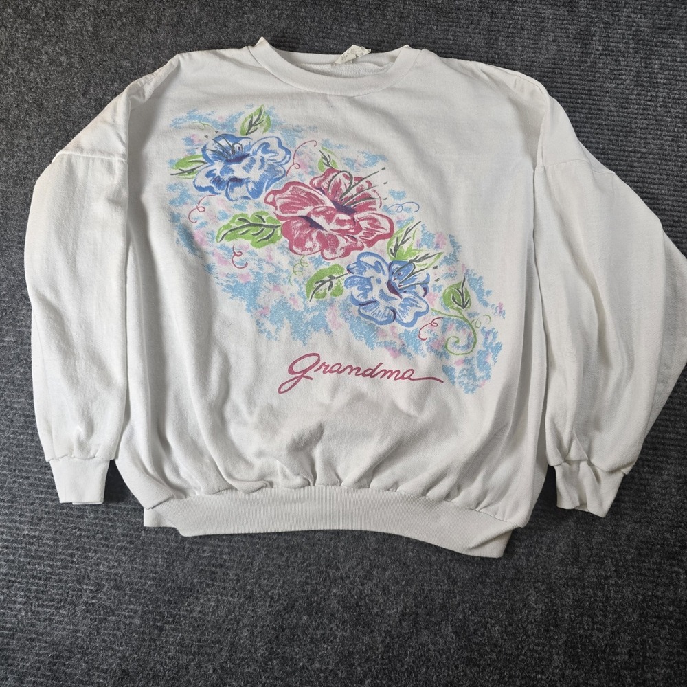 Vintage 90s Grandma Floral Sweatshirt XL XXL Made USA 50/50 White Cottagecore